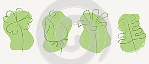 Green leaf icons set with line art and abstract shapes with brush stroke effect. Concept of eco, bio, zero waste