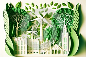 Green leaf image in the paper art style with trees, city building silhouettes, windmills, and solar panels, the preservation of