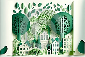 Green leaf image in the paper art style with trees, city building silhouettes, windmills, and solar panels, the preservation of