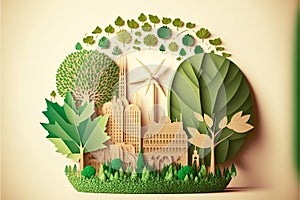 Green leaf image in the paper art style with trees, city building silhouettes, windmills, and solar panels, the preservation of