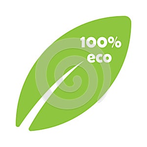Green leaf with the inscription eco. Eco packaging, sticker, healthy food.