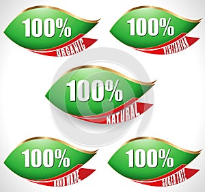 Green leaf labels of 100% natural products - vector eps10