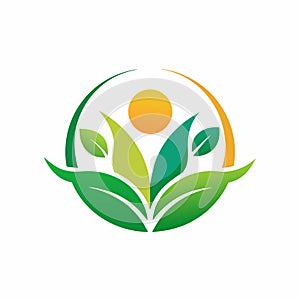 A green leaf logo set against a sunny background, symbolizing harmony between nature and the sun, Design a logo that represents