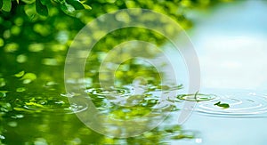 Green leaf over water reflection. fresh green leaf with water drop, relaxation nature concept. green leaves reflecting in the