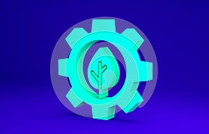 Green Leaf plant ecology in gear machine icon isolated on blue background. Eco friendly technology. World Environment