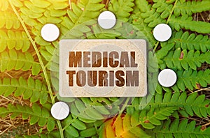 On a green leaf of the plant are pills and a sign with the inscription - MEDICAL TOURISM