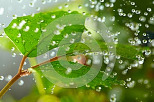 Green leaf in the rain