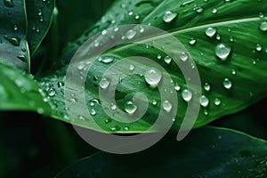 Green leaf and raindrops. Background, texture. AI generative