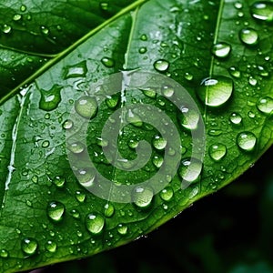 Green leaf and raindrops. Background, texture. Square background. AI generative