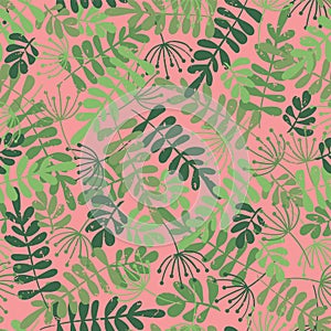Green leaf silhouettes on pink. Vector seamless pattern. Jungle leaves background. Distressed style. Foilage ash, Robinia. For