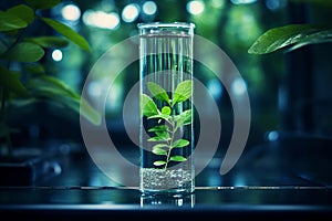 Green leaf in a test tube. Scientific laboratory for biomedicine. generative AI