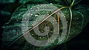 Green leaf vein with dew drop reflection generated by AI