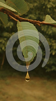 Green leaf with water drop dripping showing reflection