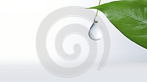 A green leaf with a water droplet on a whiteThe leaf is green and has a pointed tip. The water droplet is hanging from