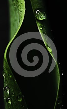 Green leaf with water drops as environmental background, nature