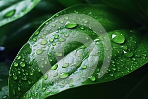 Green leaf and water drops. Background, texture. AI generative