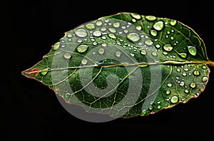 green leaf with water drops on it, black background, macro photography, studio light --ar 80: