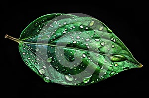 green leaf with water drops on it, black background, macro photography, studio light --ar 80:53