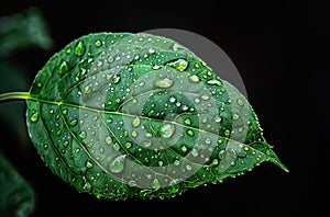green leaf with water drops on it, black background, macro photography, studio light --ar 80:53