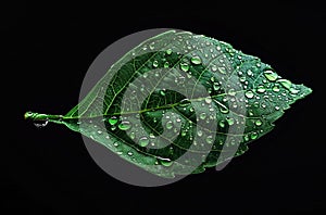 green leaf with water drops on it, black background, macro photography, studio light --ar 80:53 J