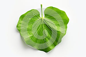 Green leaf with water drops isolated on white background. Clipping path