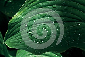 Green leaf in water drops after rain