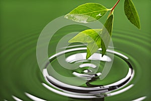 Green leaf with water ripple photo