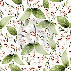 Green leaf and wild burgandy colored  flower seamless pattern