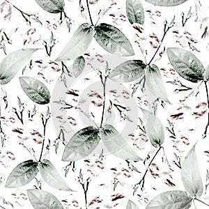 Green leaf and wild burgandy colored  flower seamless pattern