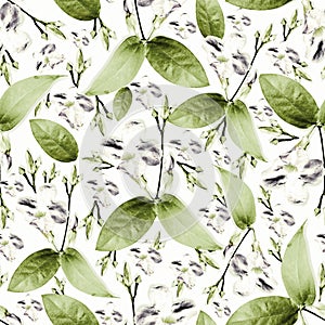 Green leaf and wild purpled colored  flower seamless pattern