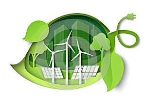Green leaf with windmills, solar panels, trees, city building silhouettes, vector paper cut illustration. Green energy.