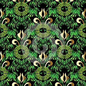 Green leafy greek vector seamless pattern. Floral abstract ornamental tropical background. Geometric