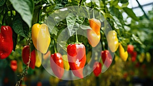 Green leafy plant, Yellow and red peppers close-up, greenhouse vegetables background