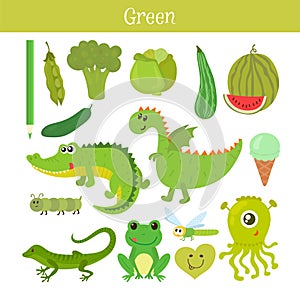 Green. Learn the color. Education set. Illustration of primary c