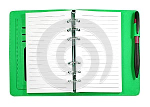 Green leather binder notebook with pen isolated