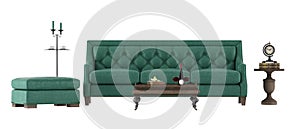 Green leather sofa and footstool isolated on white