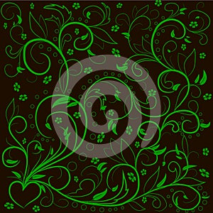 Green leaves with abstract swirls, leaves, flowers and hearÐµ.