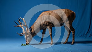 Green leaves against a bright blue background suggesting a studio