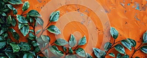 Green leaves against an orange wall