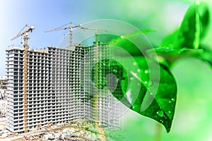 Green leaves on the background of residential building construction .