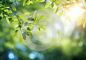 green leaves background in sunny day with bokeh and sun ray