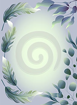 Green leaves and bird feathers in a watercolor style.