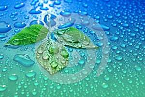 green leaves on blue water drop background ecology energy of plant life