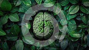 Green leaves brain. Concept of environmental thinking. Mental health