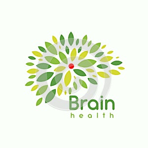 Green leaves brain, logo concept. Psychotherapist logotype. Creative head, genius brain with fresh, smart thoughts and