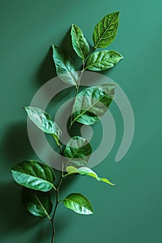 Green Leaves on Branch Against Green Background