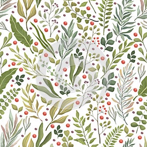 Green leaves, branches, and red berries seamless pattern. Summer or autumn foliage vector flat backdrop.