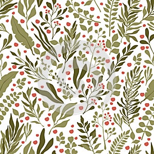 Green leaves, branches, and red berries seamless pattern. Summer or autumn foliage vector flat backdrop.