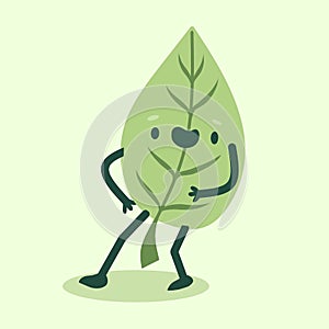 Green leaves character. Cartoon tea peppermint and tree leaf mascot with cute smiling face