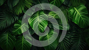 Green leaves, Dark green tropical leaves ( monstera, palm, coconut leaf, fern, palm leaf,bananaleaf) background. Nature